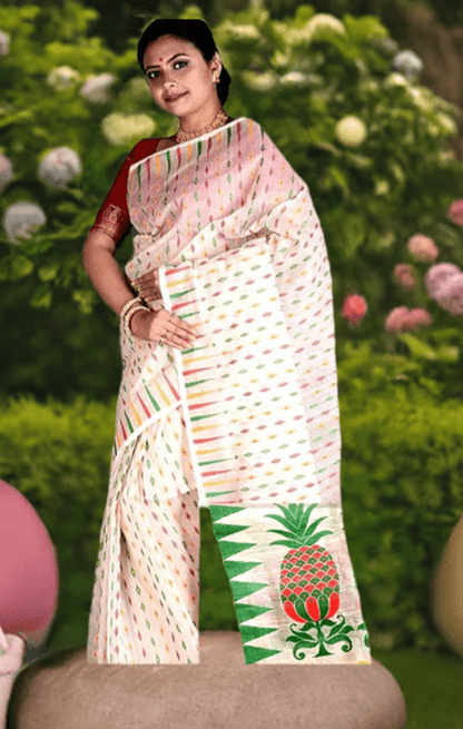 Woven Dhakai Jamdani Saree Cotton Silk Color White - Rebistore