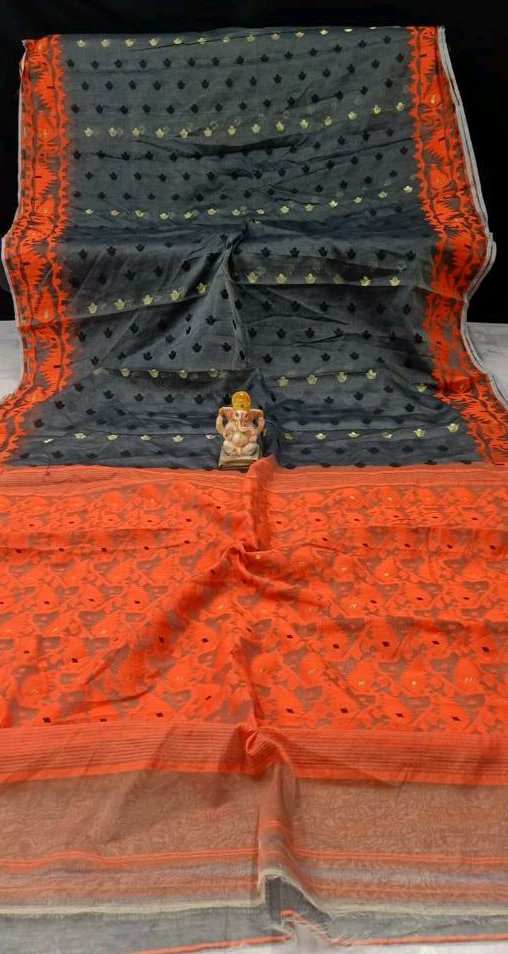 Woven Jamdani Cotton Silk Saree Color Black Orange - Rebistore