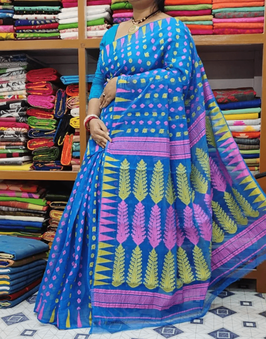 Woven Soft Dhakai Jamdani Saree Cotton Silk Color Aqua blue - Rebistore