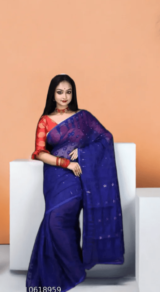 Woven Soft Dhakai Jamdani Saree Cotton Silk Color Blue - Rebistore