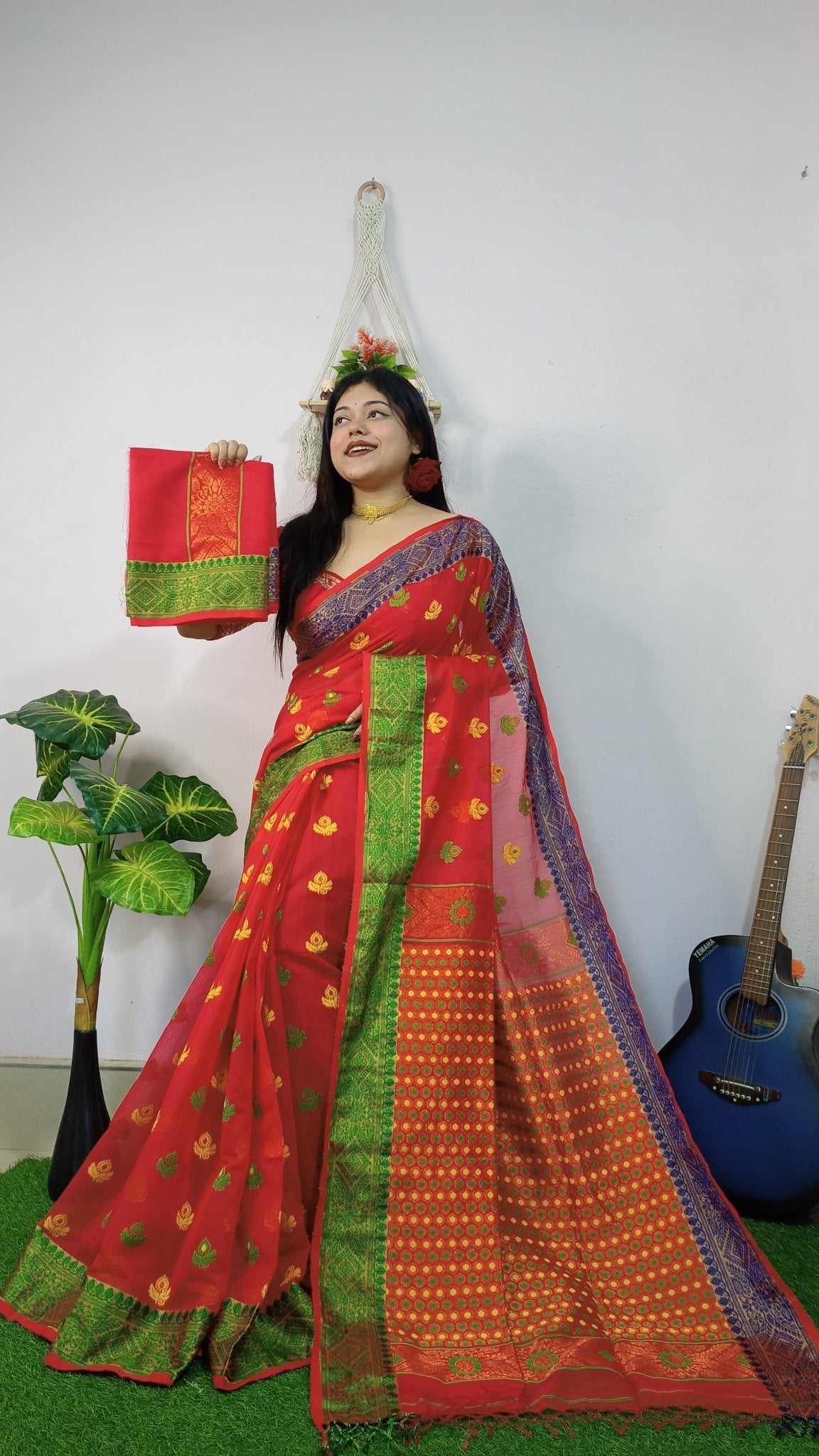 Woven Soft Dhakai Jamdani Saree Cotton Silk Color Red - Rebistore