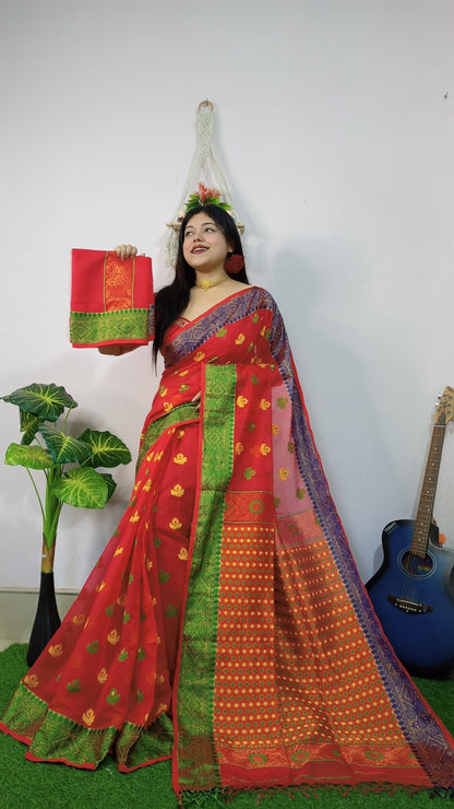 Woven Soft Dhakai Jamdani Saree Cotton Silk Color Red - Rebistore