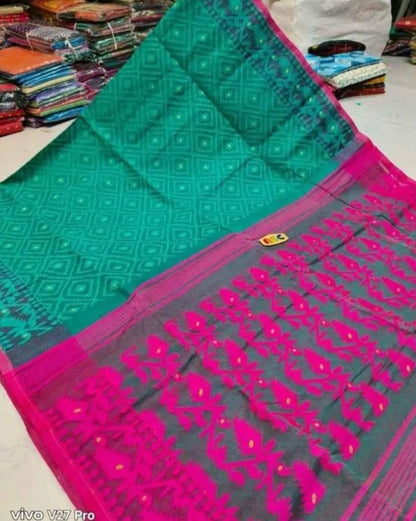 Woven Soft Dhakai Jamdani Saree Cotton Silk Color Teal Pink - Rebistore