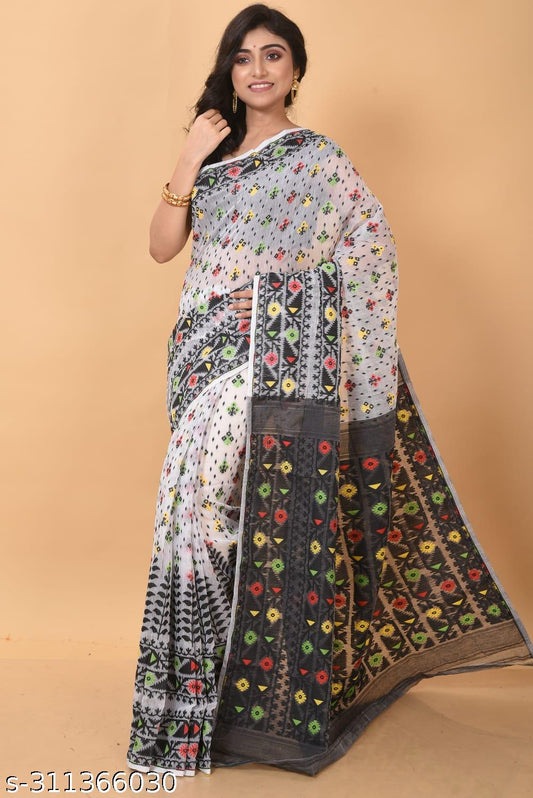 Woven Soft Dhakai Jamdani Saree Cotton Silk Color White Black - Rebistore