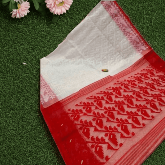 Woven Soft Dhakai Jamdani Saree Cotton Silk Color White Red - Rebistore
