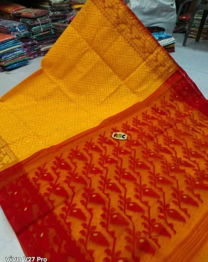 Woven Soft Dhakai Jamdani Saree Cotton Silk Color Yellow Red - Rebistore