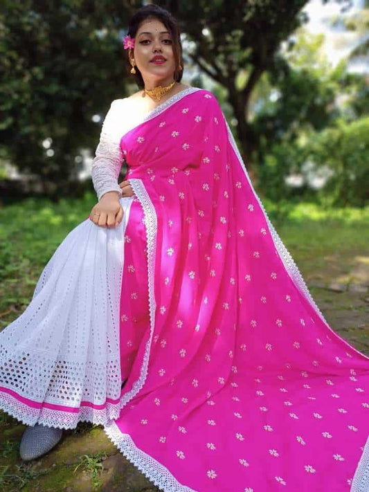 Hakoba Saree Half In Half Color Rani pink - Rebistore