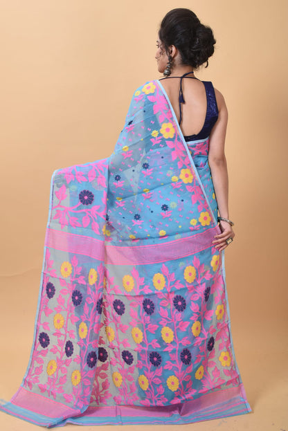 Soft Dhakai Jamdani Saree Silk Saree Color Aqua blue - Rebistore