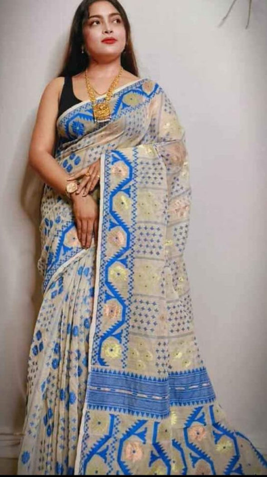 VROMOR KUNJO DHAKAI JAMDANI SAREE COLOR BEIGE - Rebistore