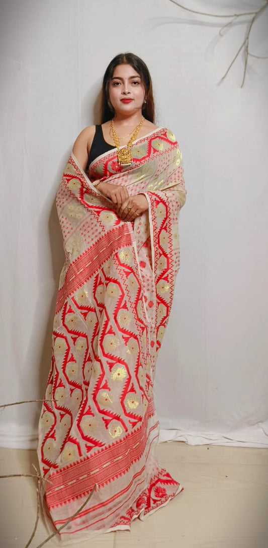VROMOR KUNJO DHAKAI JAMDANI SAREE COLOR BEIGE - Rebistore