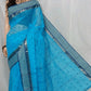 Women’s Cotton HandloomTaant Saree Color Aqua blue - Rebistore
