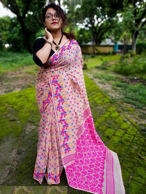 Woven Design Dhakai Jamdani Saree Cotton Silk Color Beige - Rebistore