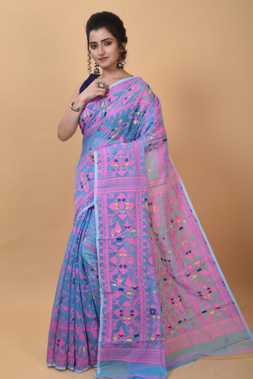 WOVEN DESIGND SOFT DHAKAI JAMDANI SAREE COLOR AQUA BLUE - Rebistore