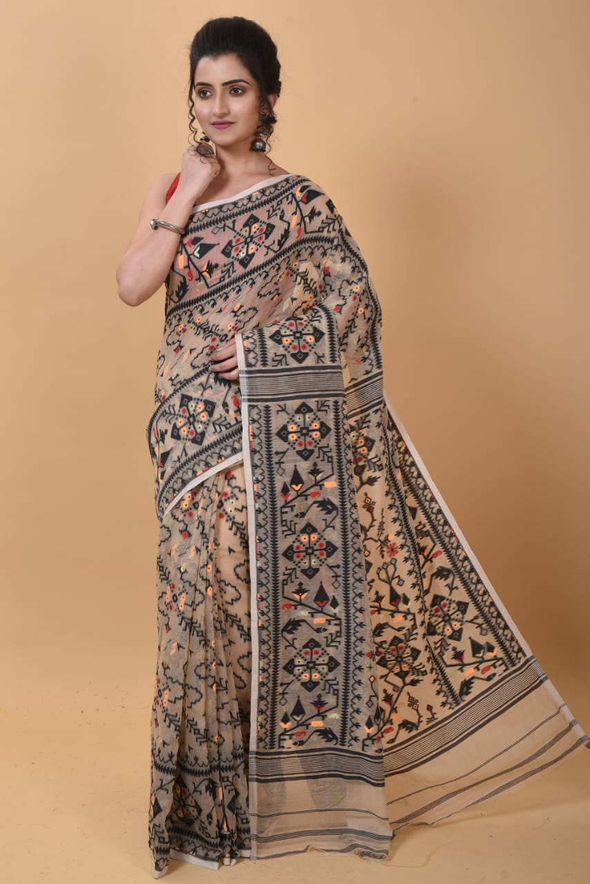 WOVEN DESIGND SOFT DHAKAI JAMDANI SAREE COLOR BEIGE - Rebistore