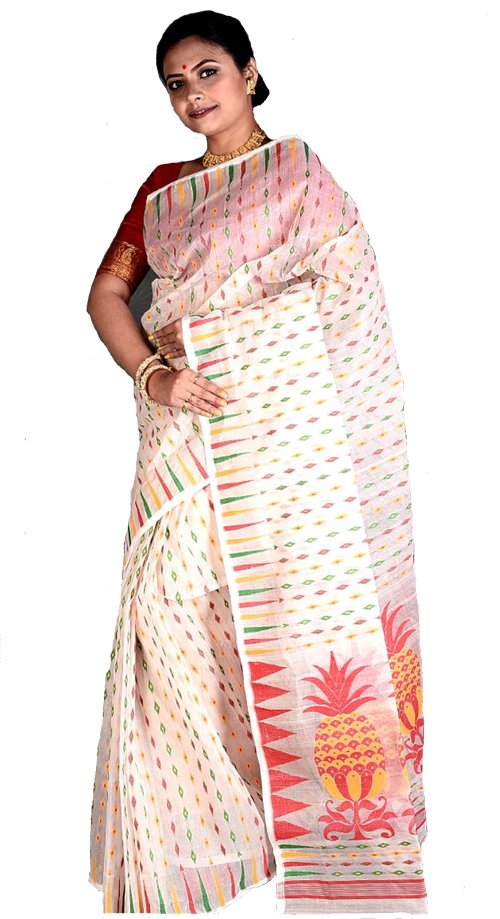 Woven Dhakai Jamdani Saree Cotton Silk Color White - Rebistore