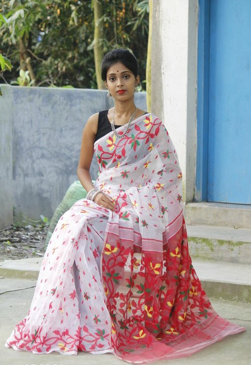 Woven Jamdani Cotton Silk Saree Color White - Rebistore