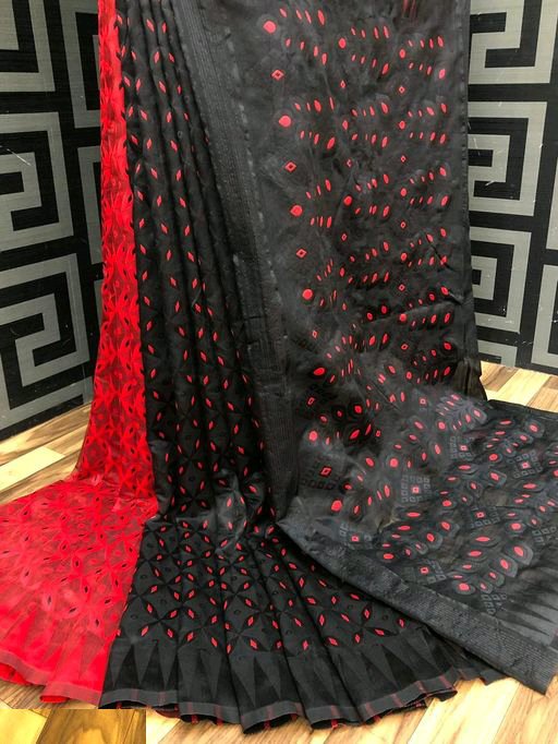 Woven Jamdani Saree Color Red Black - Rebistore