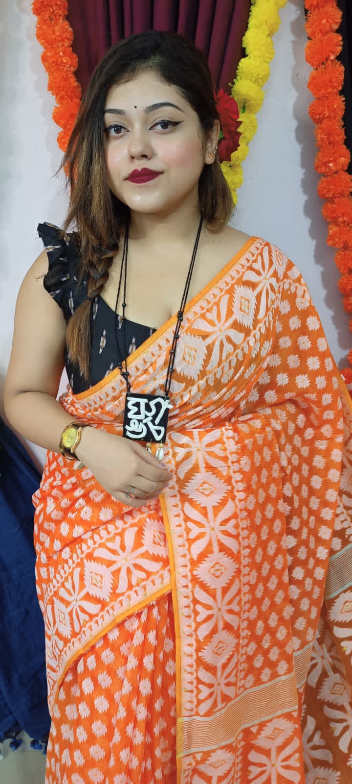 Woven Soft Dhakai Jamdani Saree Cotton Silk Color Orange - Rebistore