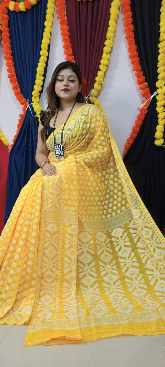 Woven Soft Dhakai Jamdani Saree Cotton Silk Color Yellow - Rebistore
